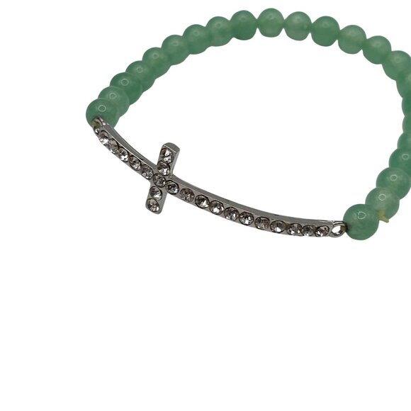 Aventurine Glass Green Beaded Silver Tone Cross Bracelet Rhinestone Sparkle - Picture 9 of 11